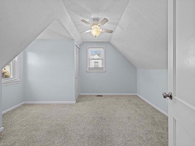 additional living space with vaulted ceiling, carpet floors, a textured ceiling, and baseboards