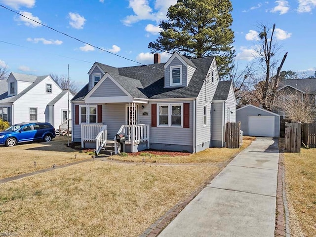 view of front facade featuring a garage, driveway, crawl space, covered porch, and a front lawn