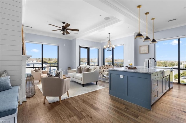 kitchen featuring a healthy amount of sunlight, visible vents, open floor plan, and wood finished floors