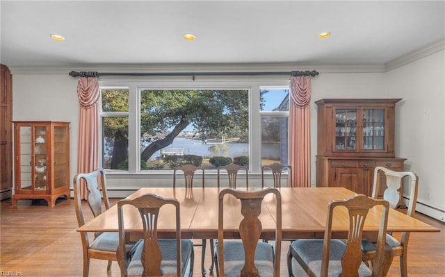 dining space with ornamental molding, a healthy amount of sunlight, and light wood finished floors