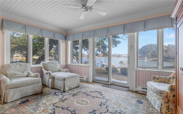 sunroom / solarium with ceiling fan, a baseboard heating unit, a water view, wood ceiling, and baseboard heating