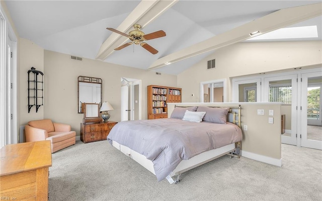 bedroom with access to exterior, beam ceiling, carpet flooring, and visible vents