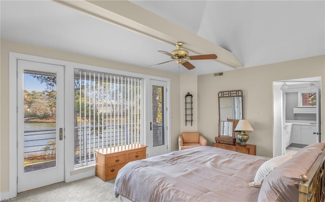 bedroom with access to outside, visible vents, multiple windows, and light carpet