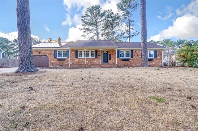 single story home with a garage, brick siding, fence, crawl space, and a chimney