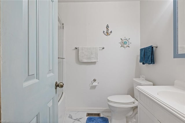 full bath with toilet, vanity, visible vents, baseboards, and marble finish floor