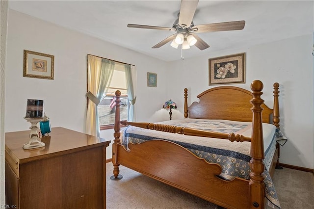 bedroom with baseboards, a ceiling fan, and light colored carpet