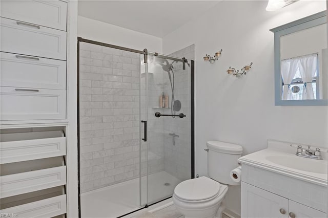 full bath featuring a stall shower, vanity, and toilet