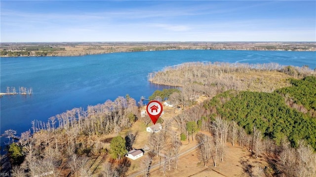 birds eye view of property featuring a water view and a wooded view