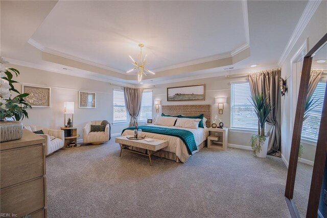 carpeted bedroom featuring a chandelier, a raised ceiling, crown molding, and baseboards