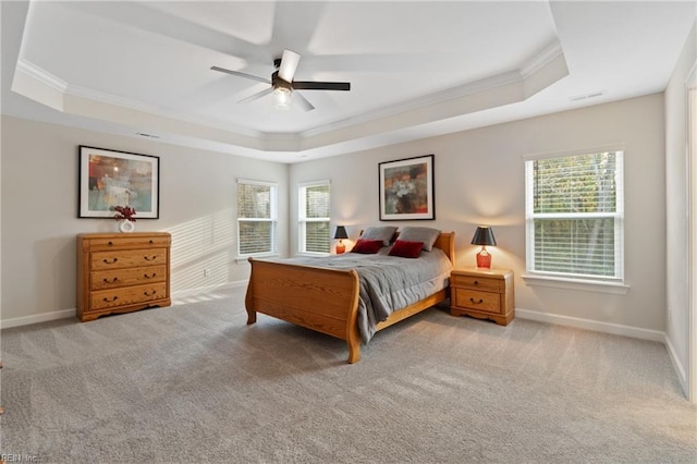 bedroom featuring a tray ceiling, multiple windows, and carpet flooring