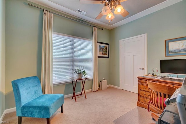 carpeted office space with ceiling fan, visible vents, and baseboards