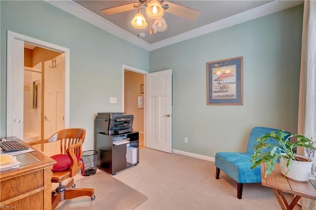 office space featuring ceiling fan, baseboards, and light colored carpet