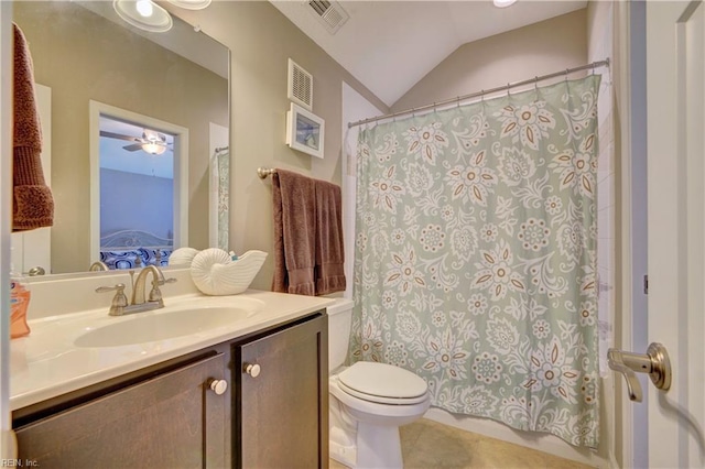 ensuite bathroom featuring lofted ceiling, toilet, connected bathroom, and visible vents