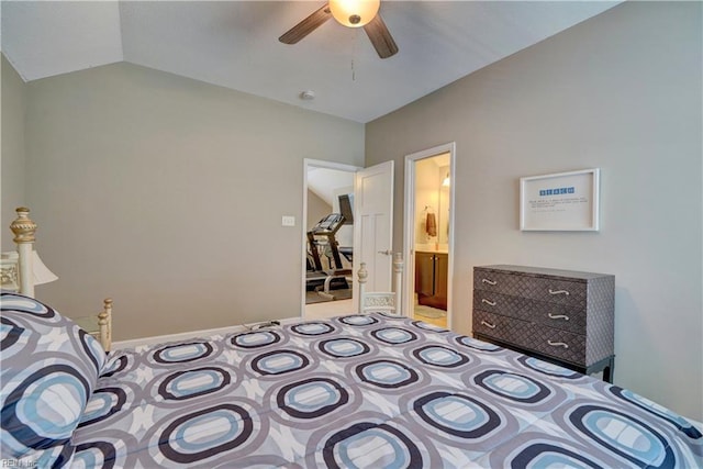 bedroom featuring lofted ceiling, baseboards, and a ceiling fan