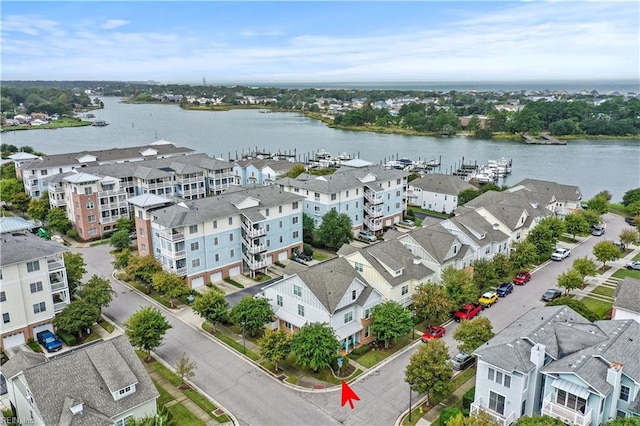 aerial view featuring a water view and a residential view