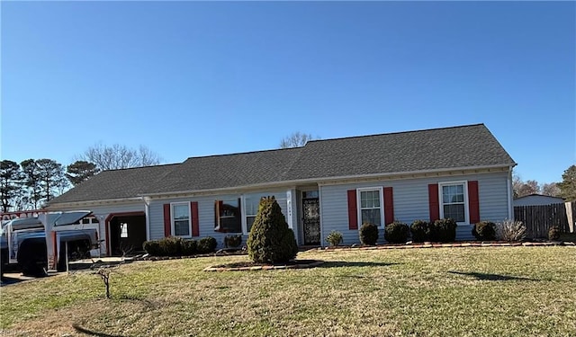 single story home with a front lawn