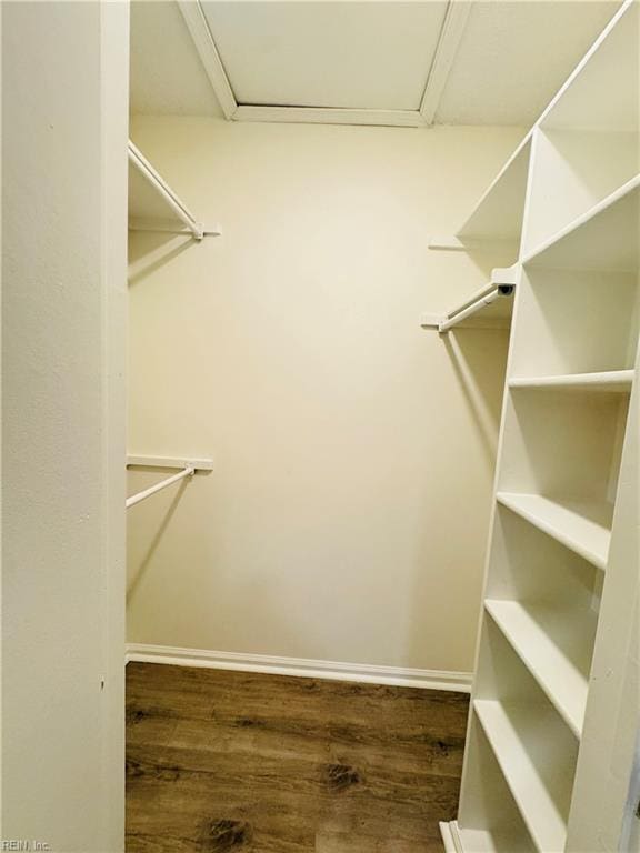 spacious closet featuring attic access and wood finished floors