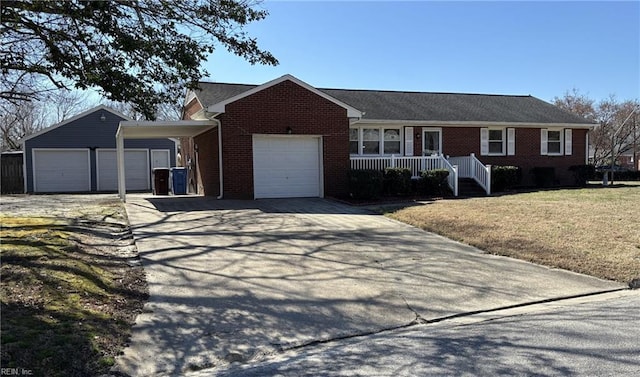 ranch-style house featuring an attached garage, a porch, concrete driveway, and brick siding