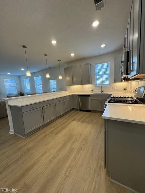 kitchen featuring a peninsula, appliances with stainless steel finishes, a sink, and gray cabinetry