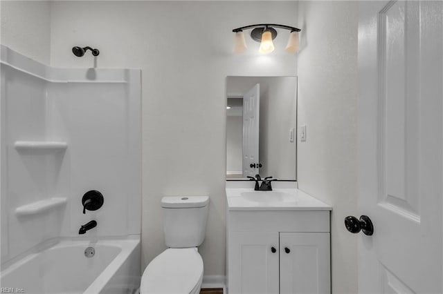 full bath with tub / shower combination, vanity, and toilet