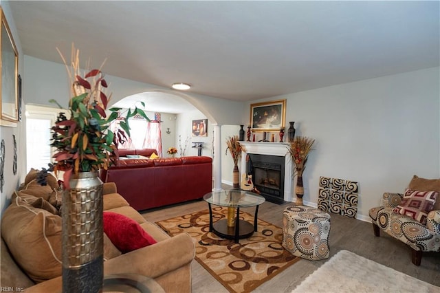 living room with arched walkways, a fireplace, wood finished floors, and plenty of natural light