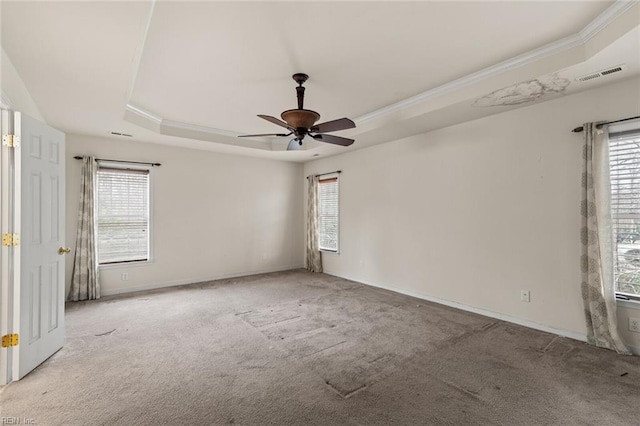 carpeted spare room featuring visible vents, a raised ceiling, and a wealth of natural light