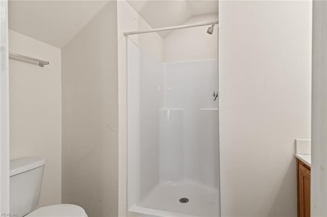 full bathroom featuring toilet, a stall shower, and vanity