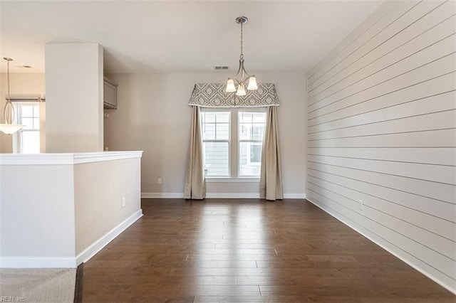 unfurnished dining area with a chandelier, wood walls, visible vents, baseboards, and dark wood-style floors