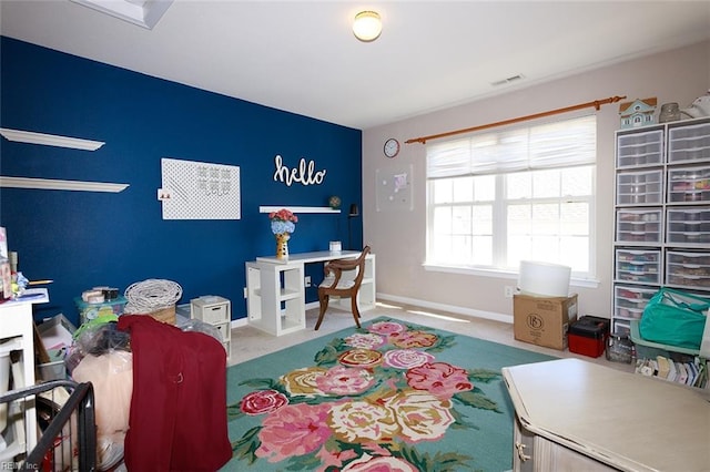 rec room featuring carpet floors, visible vents, and baseboards