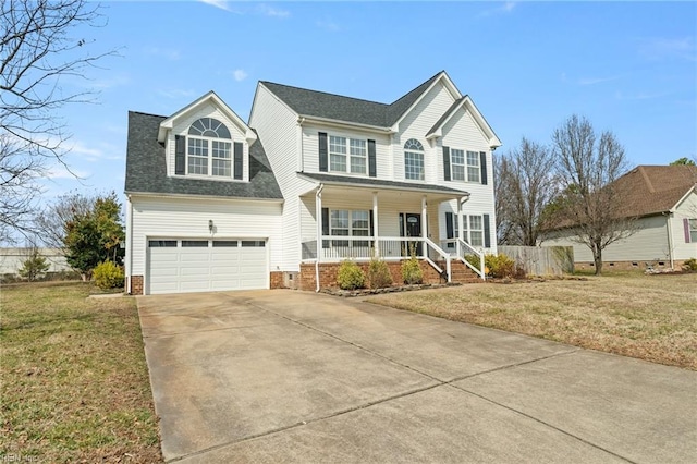 view of front facade featuring roof with shingles, a porch, concrete driveway, fence, and a front lawn