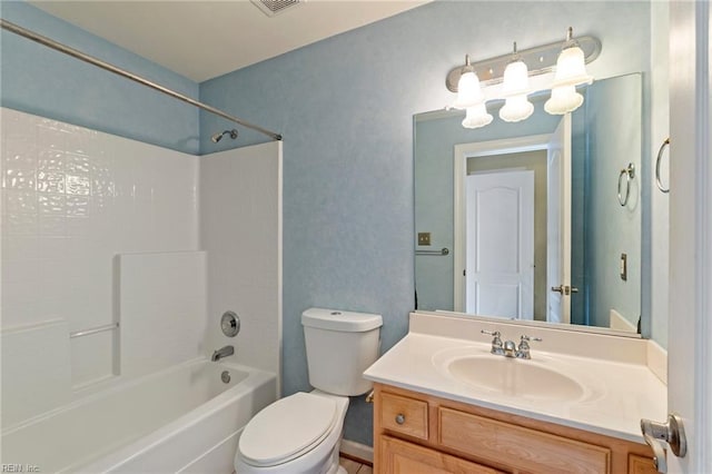 full bath with bathtub / shower combination, visible vents, vanity, and toilet