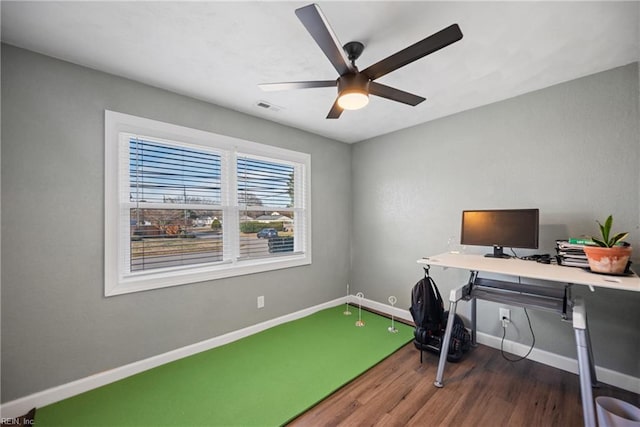 home office with ceiling fan, wood finished floors, visible vents, and baseboards