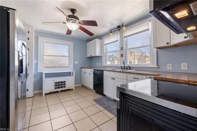 kitchen with a sink, black dishwasher, exhaust hood, stainless steel fridge with ice dispenser, and light tile patterned floors