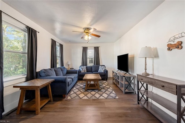 living area featuring ceiling fan and wood finished floors