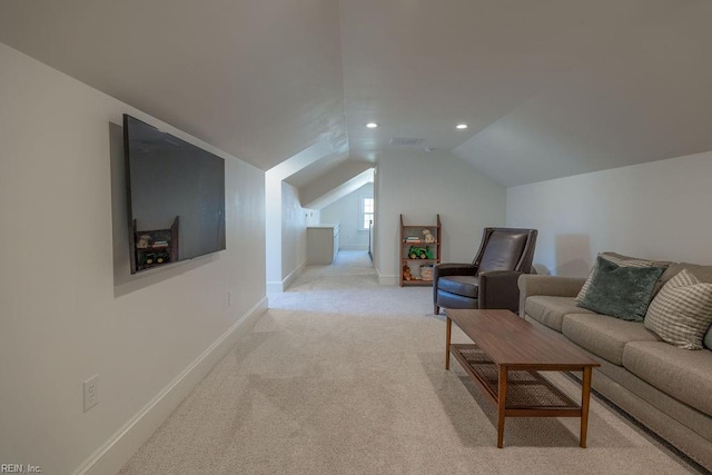 living area with baseboards, vaulted ceiling, recessed lighting, and light colored carpet