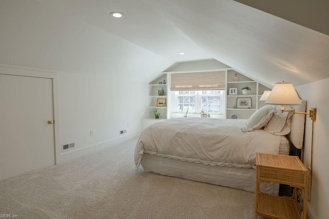 carpeted bedroom with recessed lighting, visible vents, vaulted ceiling, and baseboards