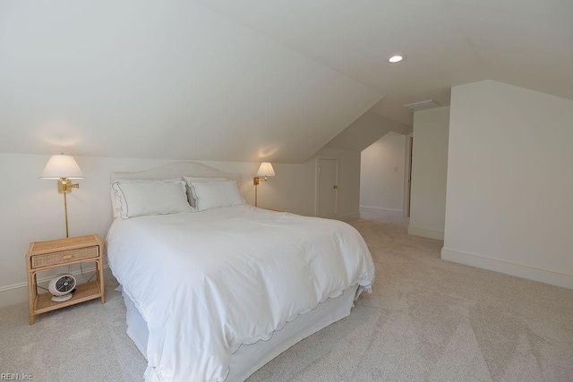 bedroom with carpet floors, baseboards, vaulted ceiling, and recessed lighting