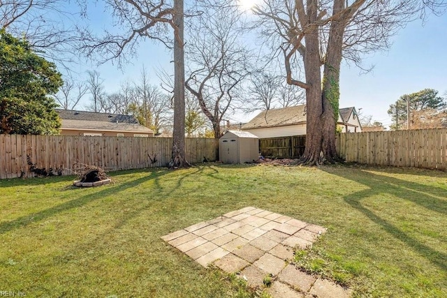 view of yard featuring a fenced backyard, a shed, and an outbuilding