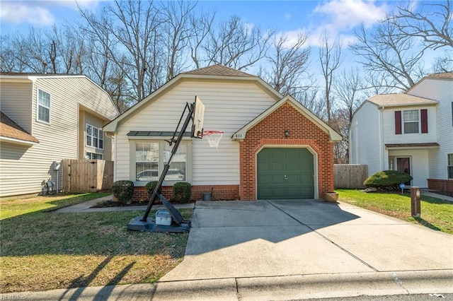 view of front of property featuring an attached garage, fence, concrete driveway, and brick siding