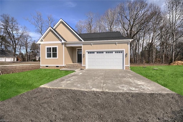 view of front of home featuring driveway, a shingled roof, crawl space, an attached garage, and a front lawn