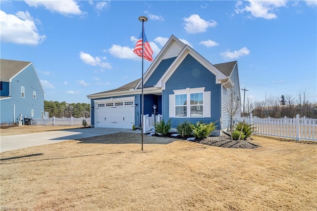 ranch-style house with a garage, concrete driveway, and fence