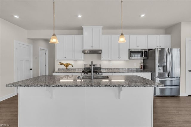 kitchen featuring under cabinet range hood, stainless steel appliances, a sink, a kitchen breakfast bar, and an island with sink