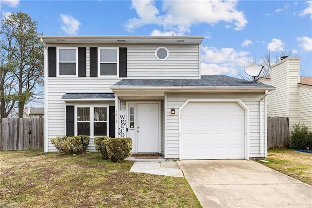 traditional-style house with a garage, concrete driveway, a front yard, and fence