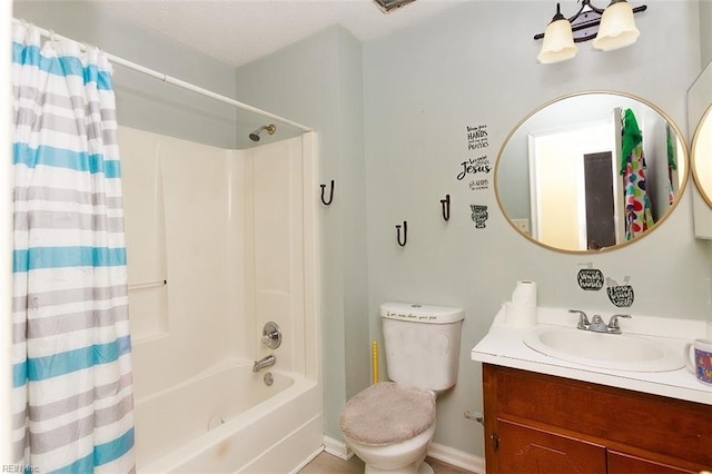 full bathroom featuring toilet, baseboards, vanity, and shower / bathtub combination with curtain