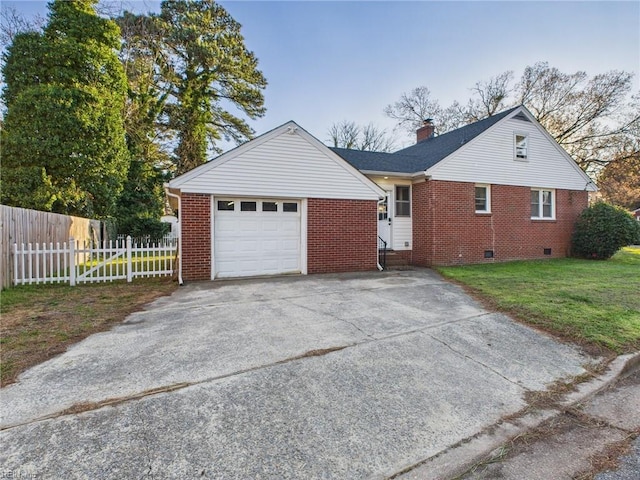 single story home featuring crawl space, a garage, fence, and brick siding