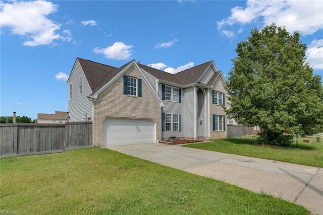 view of front facade featuring brick siding, concrete driveway, fence, a garage, and a front lawn