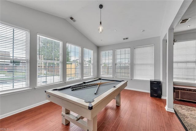 game room featuring baseboards, visible vents, lofted ceiling, wood finished floors, and pool table