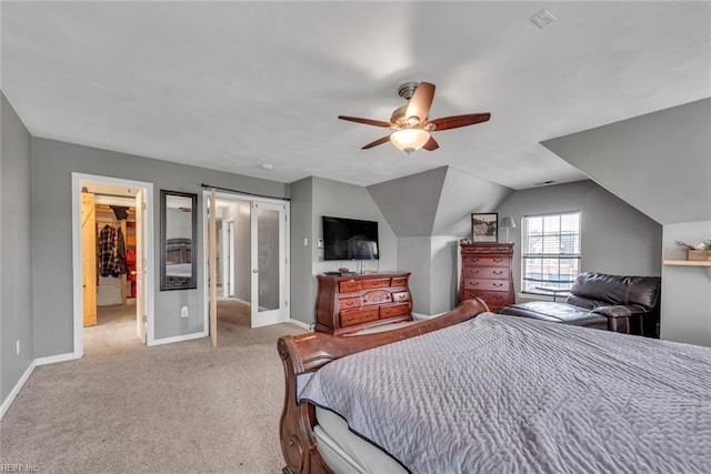 bedroom with baseboards, a ceiling fan, lofted ceiling, carpet flooring, and french doors