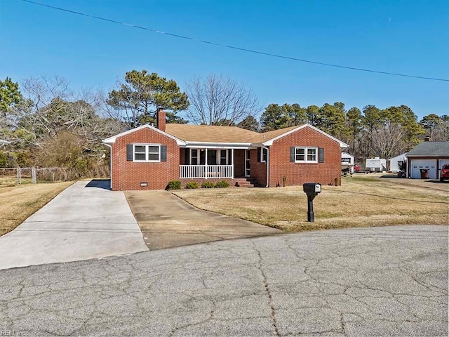 single story home featuring a chimney, a porch, crawl space, a front lawn, and brick siding