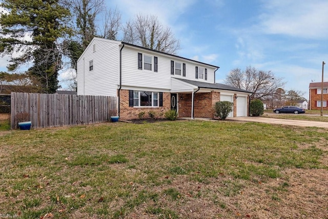 traditional-style home with a garage, concrete driveway, fence, a front lawn, and brick siding